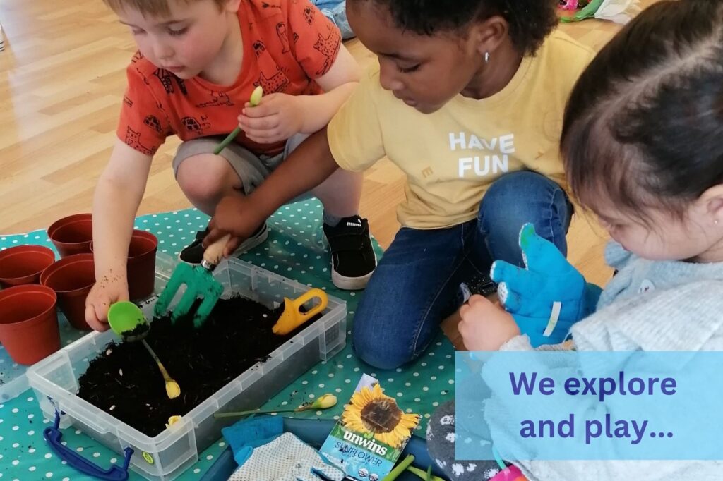 children enjoy sensory play with soil, seeds and gardening equipment